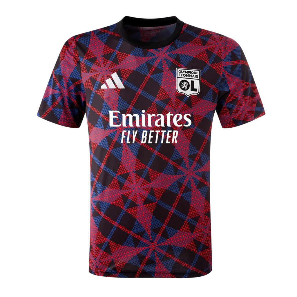 Camisa Lyon Pré-jogo 25/26 - Torcedor Adidas Masculina - Preta com detalhes em vermelho e azul