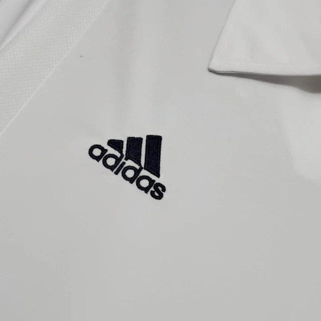 Camisa Retrô Real Madrid I 2002 manga longa - Masculina Adidas - Branca com listras pretas