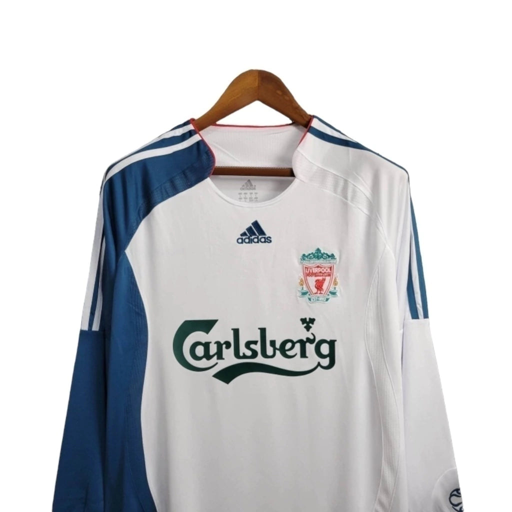Camisa Retrô Liverpool II 2006/2007 manga longa - Adidas Masculina - Branca com detalhes em azul e com patrocínio