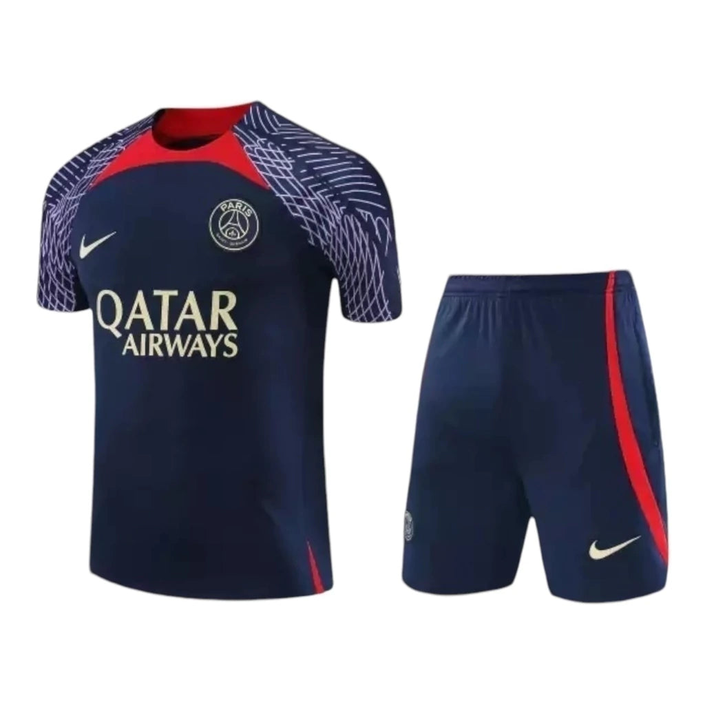 Kit Treino adulto - Camisa e Shorts - Paris Saint-Germain Nike 23/24 - Azul com detalhes em vermelho