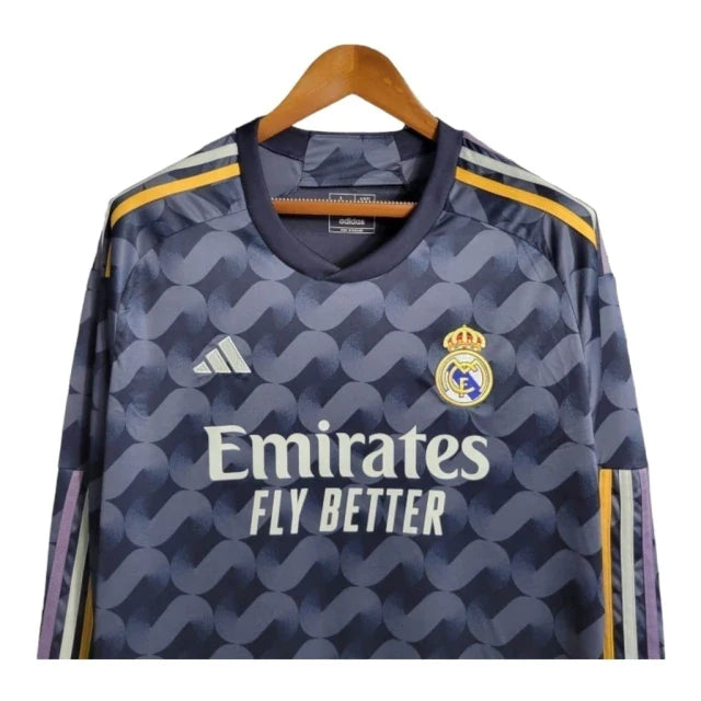 Camisa Real Madrid II 23/24 manga Longa - Torcedor Adidas Masculina - Azul com detalhes em amarelo e branco e roxo