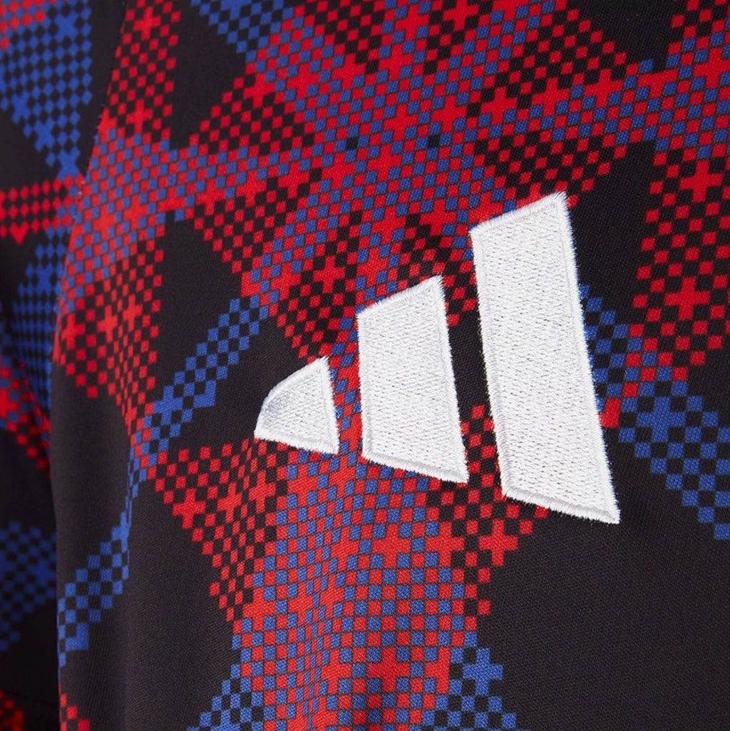 Camisa Lyon Pré-jogo 25/26 - Torcedor Adidas Masculina - Preta com detalhes em vermelho e azul