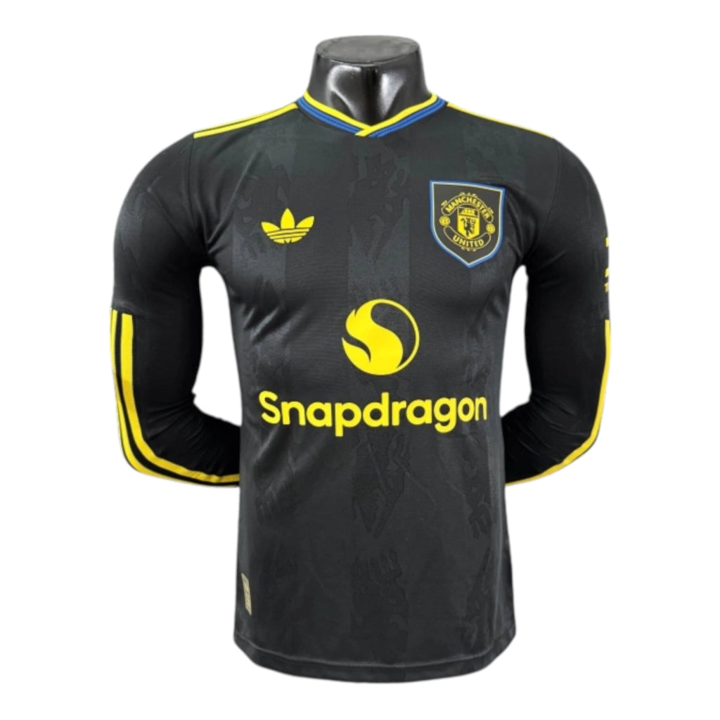 Camisa Manchester United III 25/26 manga longa - Jogador Adidas Masculina - Preta e azul com detalhes em amarelo