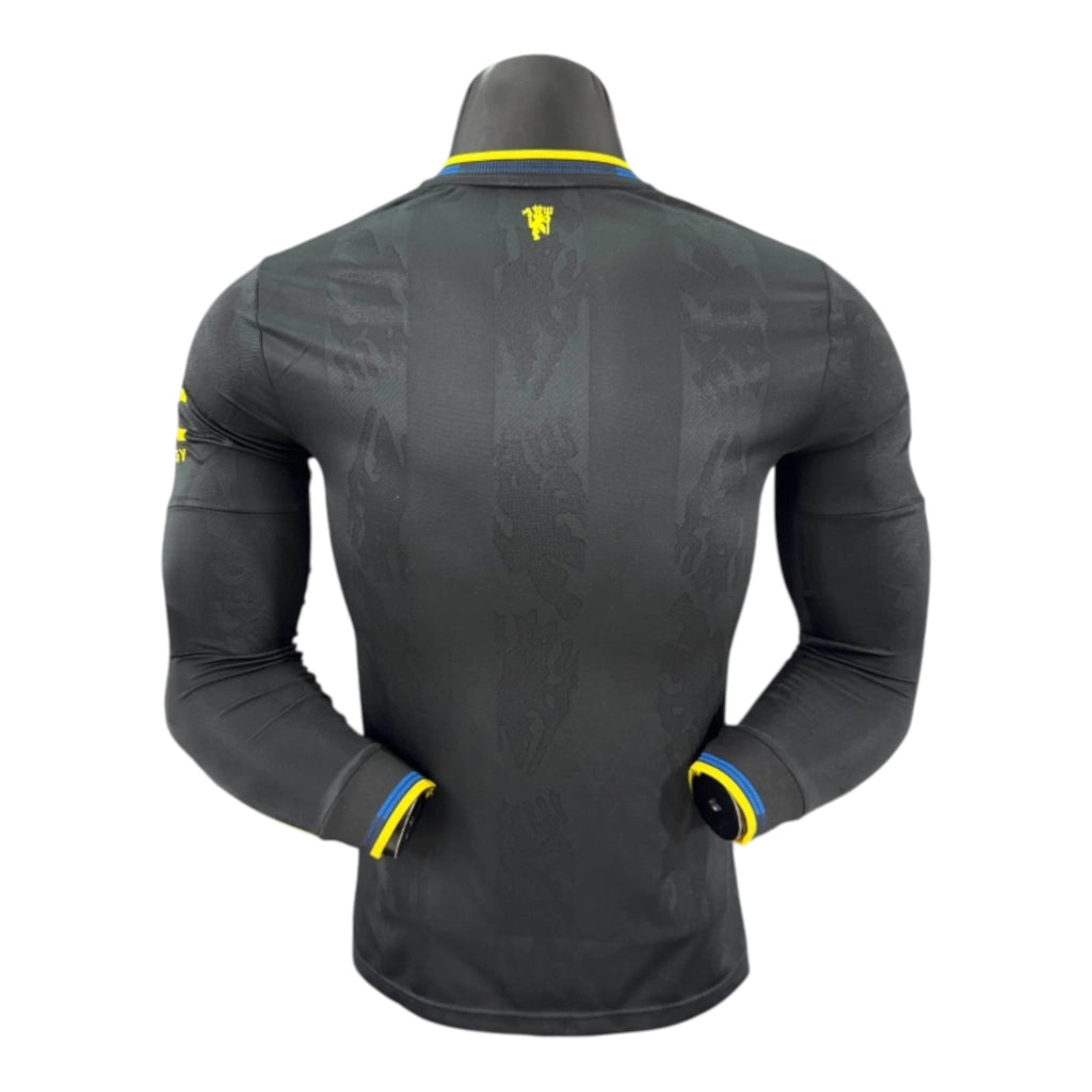 Camisa Manchester United III 25/26 manga longa - Jogador Adidas Masculina - Preta e azul com detalhes em amarelo