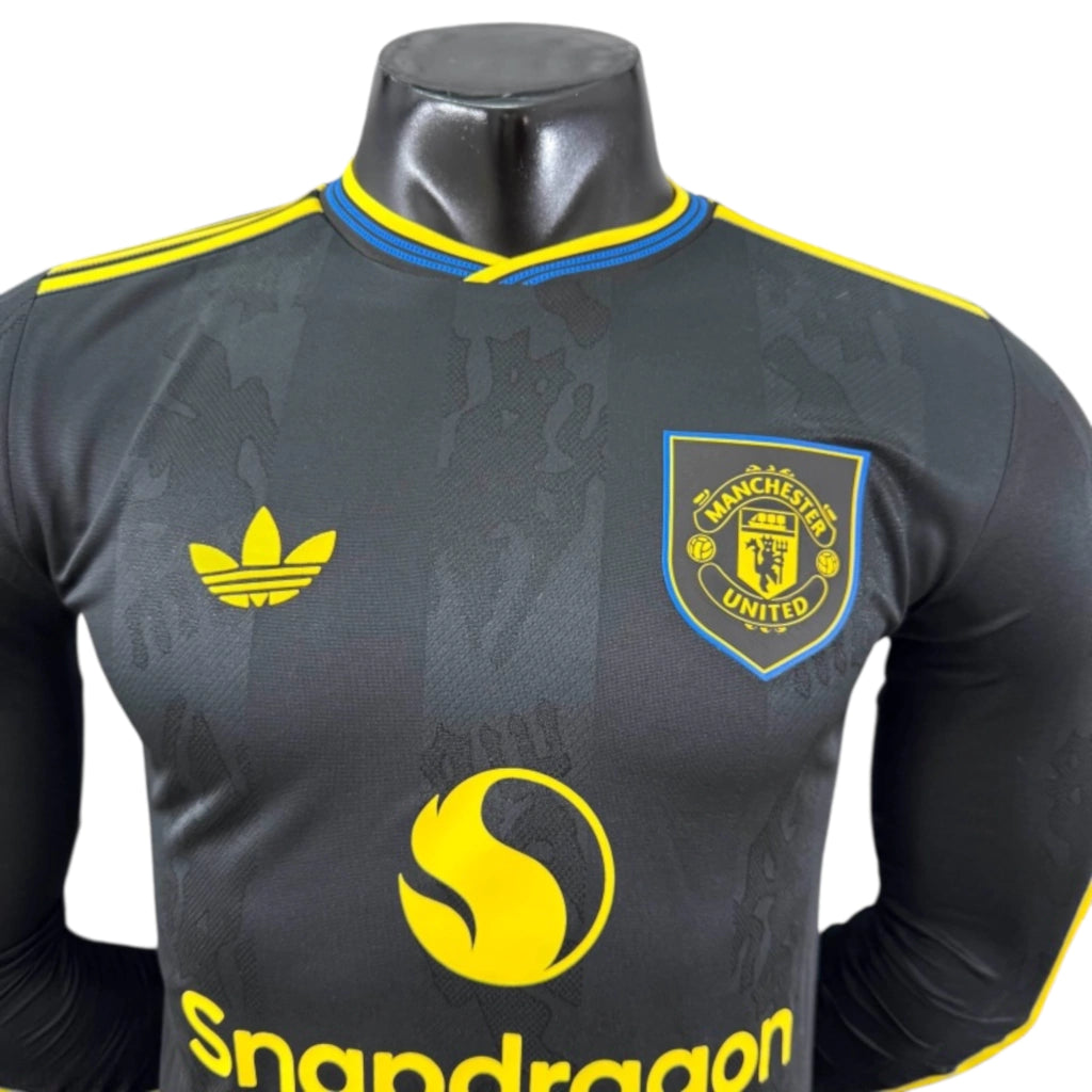 Camisa Manchester United III 25/26 manga longa - Jogador Adidas Masculina - Preta e azul com detalhes em amarelo