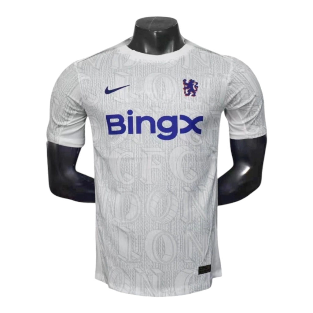 Camisa Chelsea Pré-jogo 25/26 - Jogador Nike Masculina - Branca com detalhes em cinza