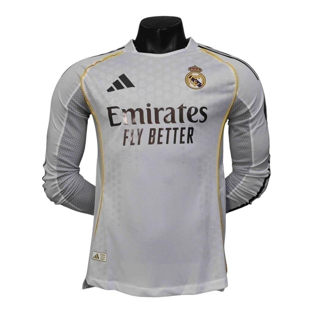 Camisa Real Madrid I 25/26 manga longa - Jogador Adidas Masculina - Branca com detalhes em amarelo