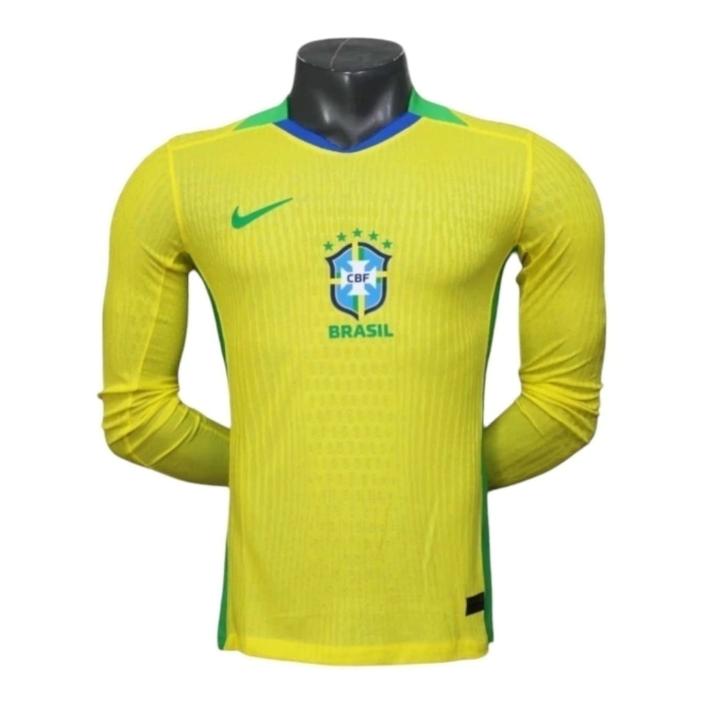 Camisa Seleção Brasileira I 25/26 manga longa - Jogador Nike Masculina - Amarela com detalhes em azul e verde