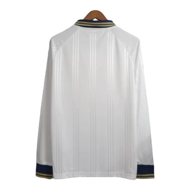 Camisa Retrô Real Madrid Treino 2019/2020 manga longa - Adidas Masculina - Branca com detalhes em azul e dourado