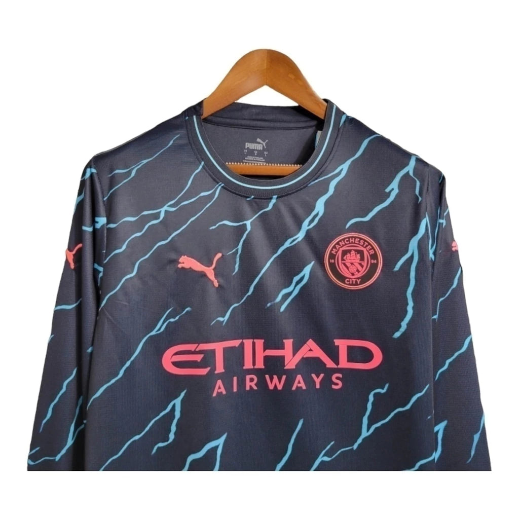 Camisa Manchester City II 23/24 manga longa - Torcedor Puma Masculina - Azul com detalhes em Laranja