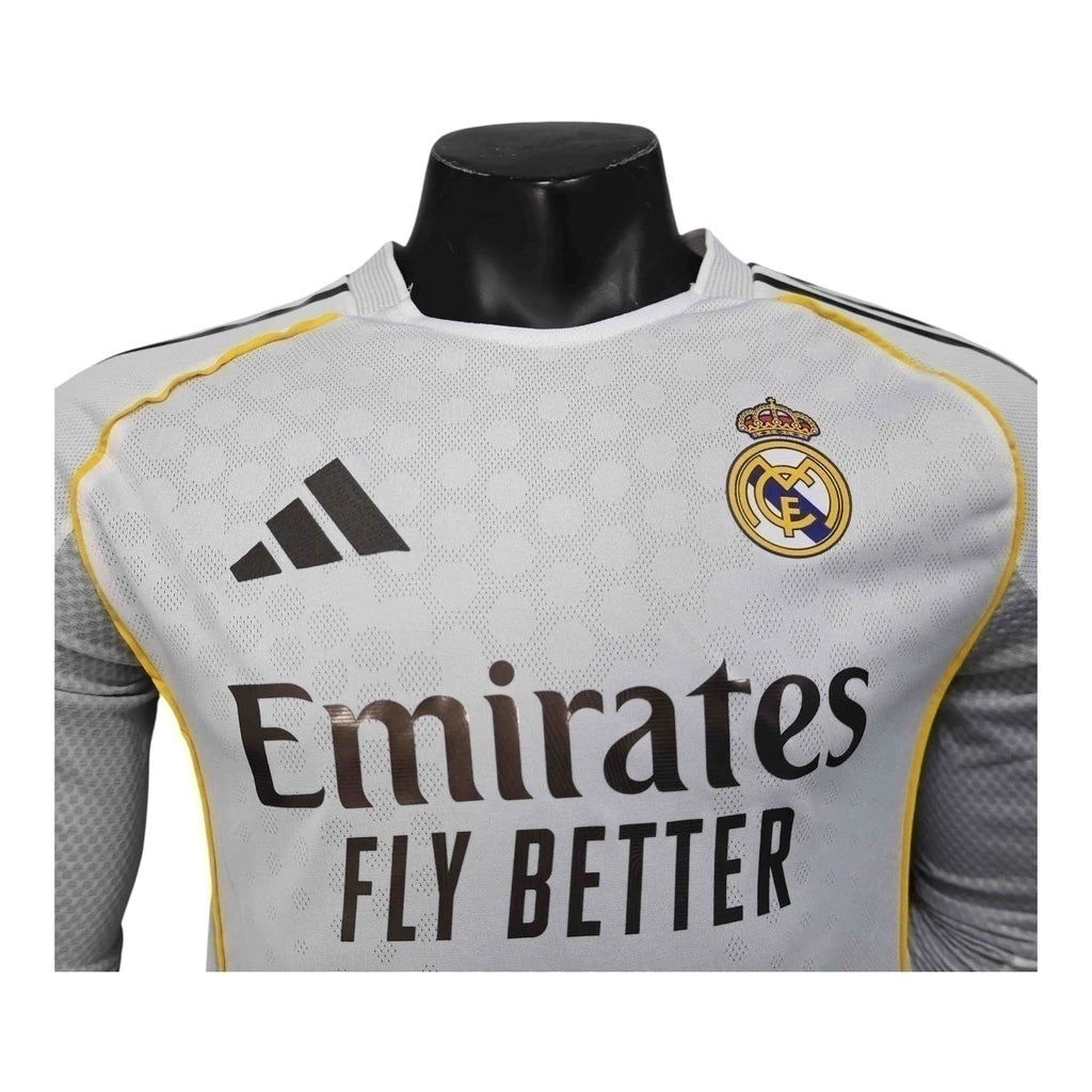 Camisa Real Madrid I 25/26 manga longa - Jogador Adidas Masculina - Branca com detalhes em amarelo