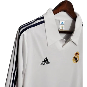 Camisa Retrô Real Madrid I 2002 manga longa - Masculina Adidas - Branca com listras pretas