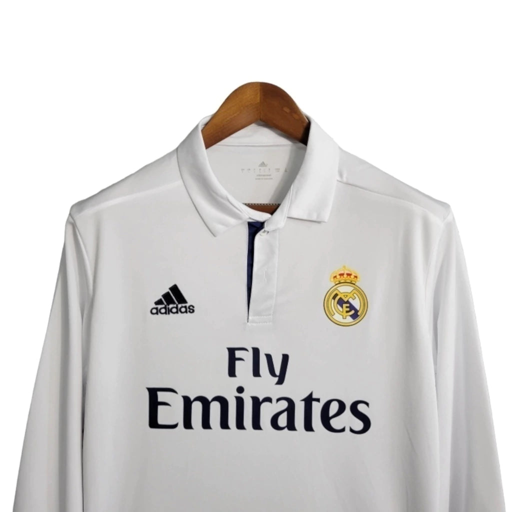 Camisa Retrô Real Madrid I 16/17 manga longa - Masculina Adidas - Branca com detalhes em azul
