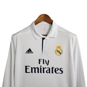 Camisa Retrô Real Madrid I 16/17 manga longa - Masculina Adidas - Branca com detalhes em azul