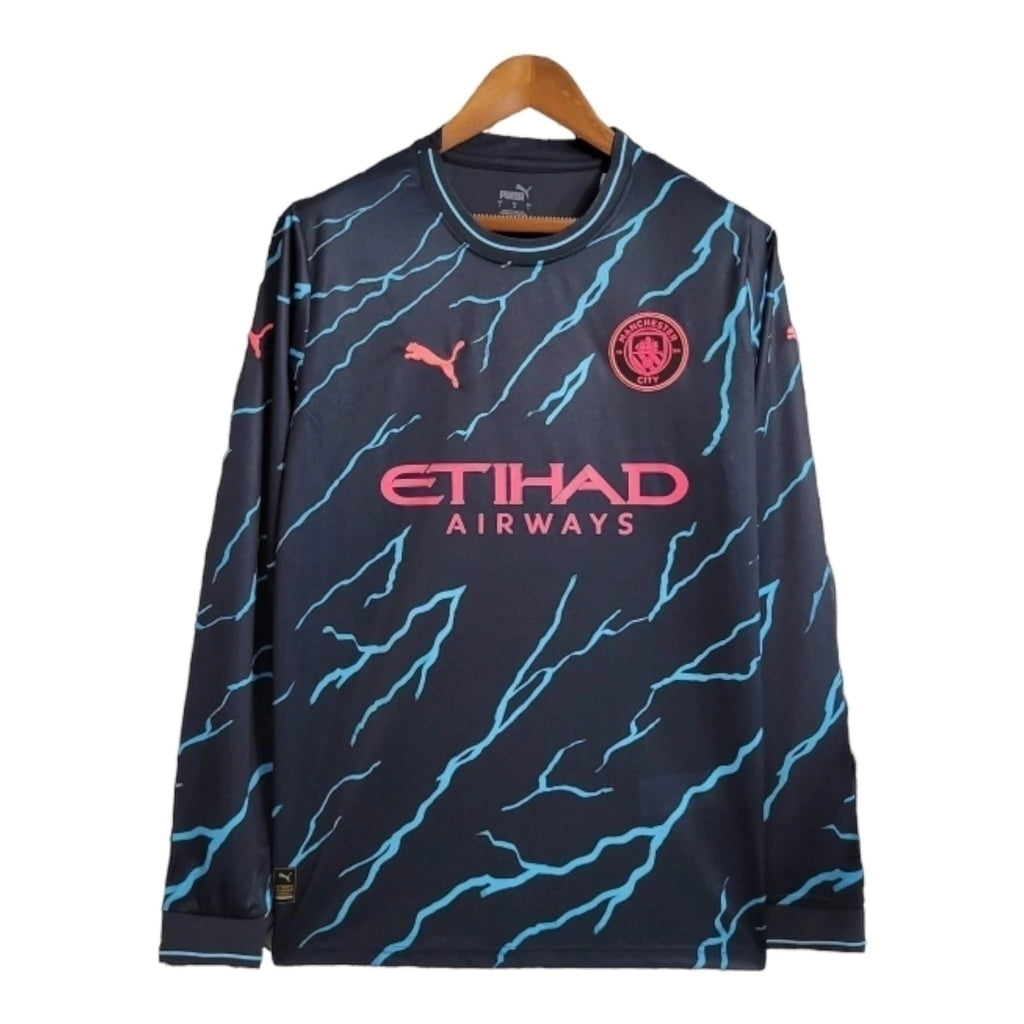 Camisa Manchester City II 23/24 manga longa - Torcedor Puma Masculina - Azul com detalhes em Laranja