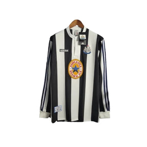 Camisa Retrô Newcastle 1997/1999 manga longa - Masculina Adidas - Branca com listras pretas e detalhes em azul