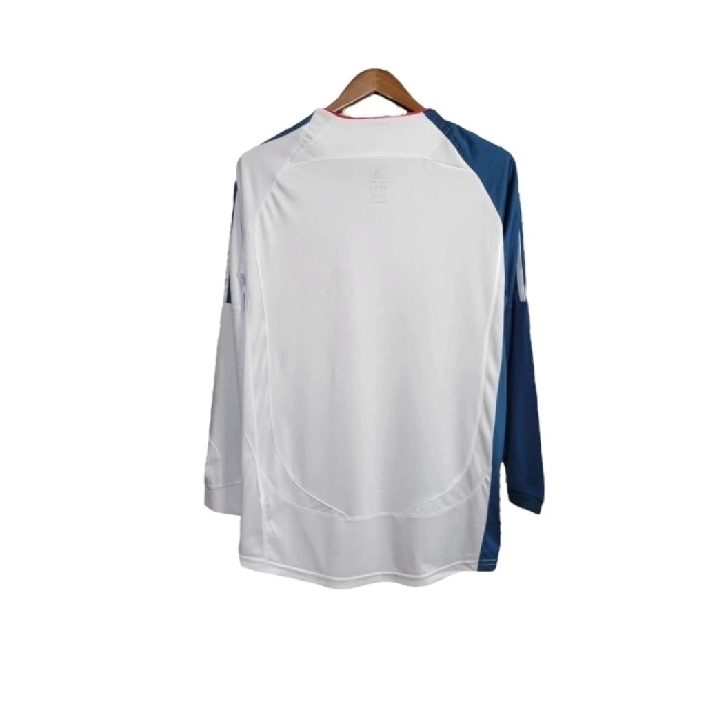 Camisa Retrô Liverpool II 2006/2007 manga longa - Adidas Masculina - Branca com detalhes em azul e com patrocínio