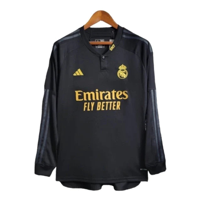 Camisa Real Madrid II 23/24 manga Longa - Torcedor Adidas Masculina - Preta com detalhes em cinza