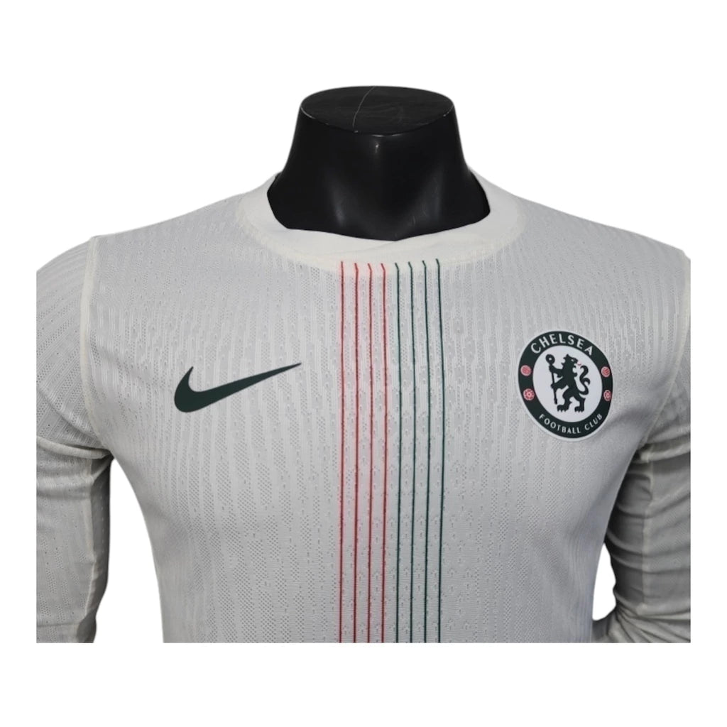 Camisa Chelsea II 25/26 manga longa - Jogador Nike Masculina - Branca com detalhes em azul e vermelho
