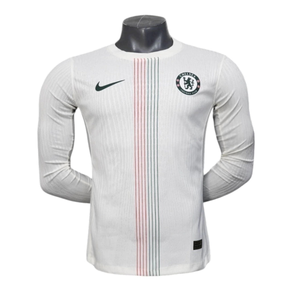 Camisa Chelsea II 25/26 manga longa - Jogador Nike Masculina - Branca com detalhes em azul e vermelho