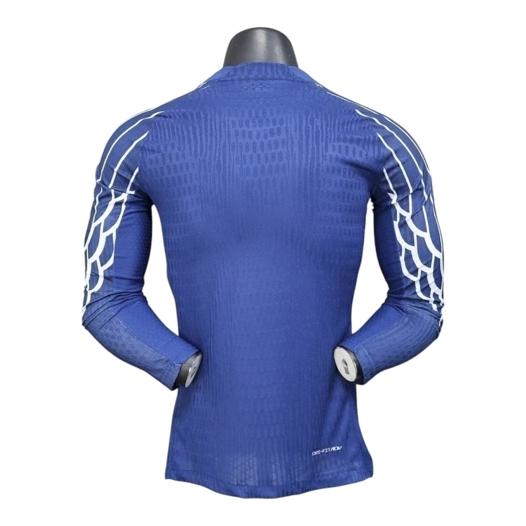 Camisa Paris Saint-Germain Treino 25/26 manga longa - Jogador Jordan Masculina - Azul com detalhes em branco