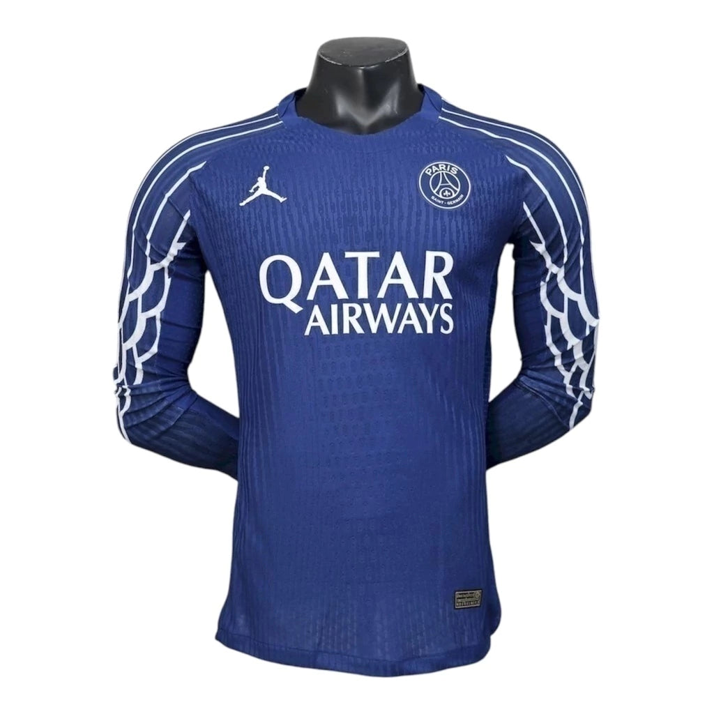 Camisa Paris Saint-Germain Treino 25/26 manga longa - Jogador Jordan Masculina - Azul com detalhes em branco